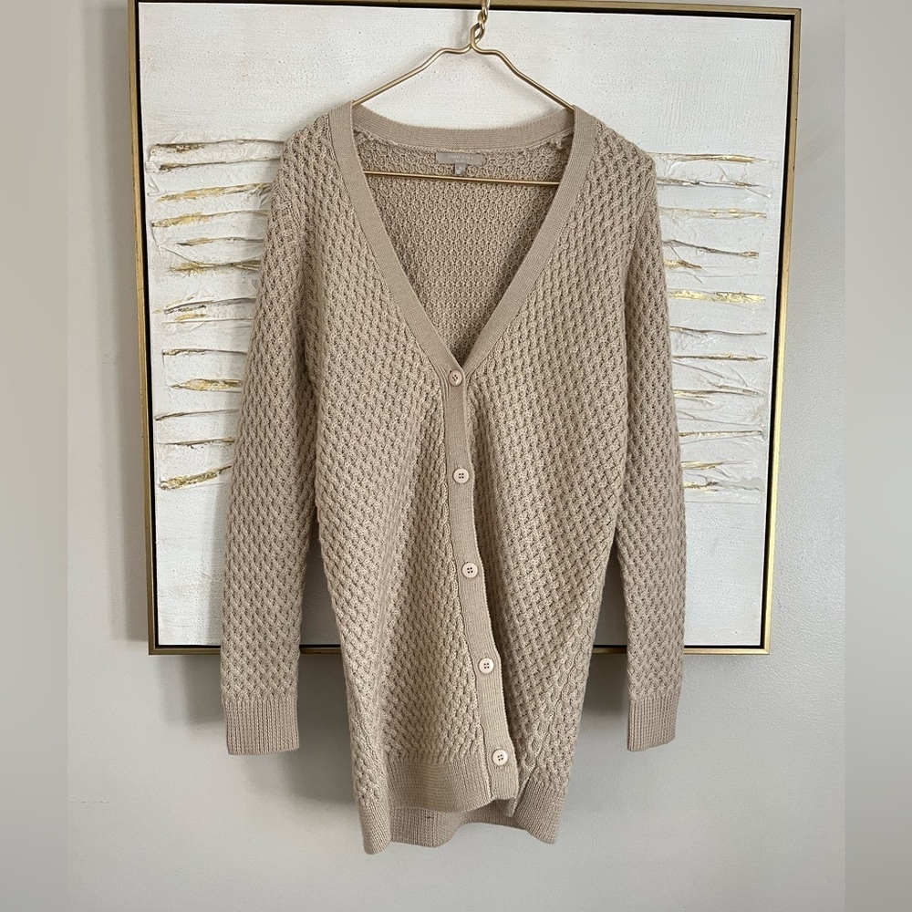 Joan Vass Taupe Textured minimalist Wool Old money Cardigan size M